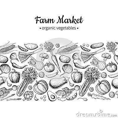 Vegetable hand drawn vintage vector illustration. Farm Market poster. Vegetarian set of organic products. Vector Illustration