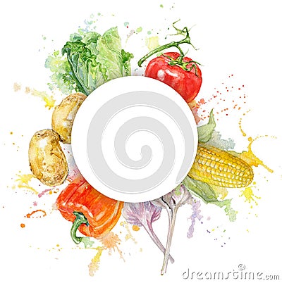 Vegetable hand painted watercolor frame with splashes on white background. Stock Photo