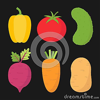 Vegetable icon set. Carrot, root, beet, potato, pepper, potatoes, tomato, paprika, cucumber. Kids education. Vegetables collection Vector Illustration