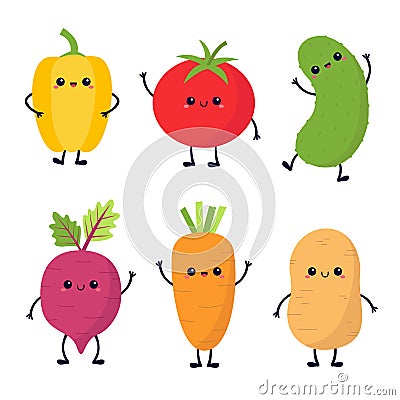 Vegetable icon set. Root, beet, pepper tomato, carrot, potato cucumber. Cute cartoon kawaii character. Smiling face eyes, hands Vector Illustration