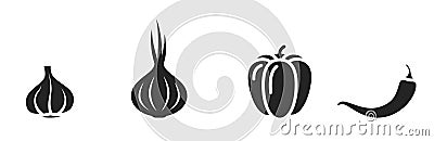 vegetable icons. garlic, hot chili pepper, bell pepper and onion. spices, seasonings and organic food symbols Vector Illustration