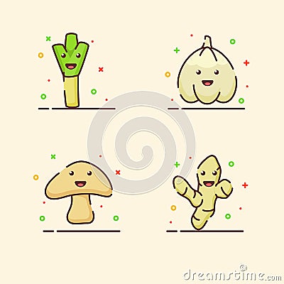 Vegetable icons set collection leek garlic mushroom ginger cute mascot face emotion happy with color flat cartoon Vector Illustration