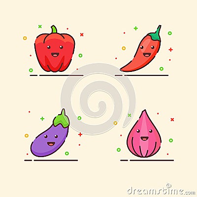 Vegetable icons set collection paprika chili eggplant onion cute mascot face emotion happy with color flat cartoon Vector Illustration