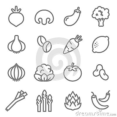 Vegetable ingredients line icon vector set. Including Carrot, Tomato, Chilies, Asparagus, Artichokes, Onion, Radish and more Vector Illustration