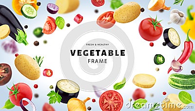 Vegetable isolated on white background, frame made of different flying vegetables, herbs and spices, with copy space Stock Photo