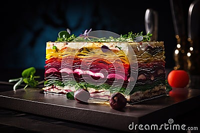 Vegetable layered layered salad with beetroot, beetroot, radish and arugula, Generative AI Stock Photo