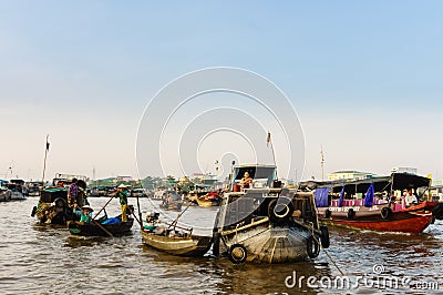 Vietnam action: Vegetable market on the river in western of Viet Nam Editorial Stock Photo