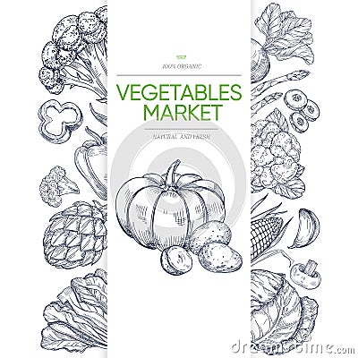 Vegetable markets banner template with hand drawn green Vector Illustration