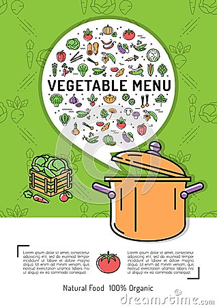 Vegetable menu card Vegetables icons, cooking pot, pan. Food poster Vector Illustration