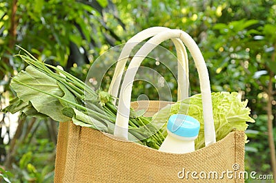 Vegetable and milk in fabric basket better than used plastic bag Stock Photo