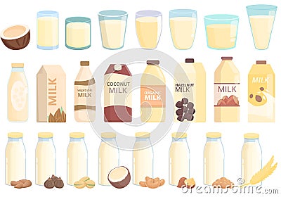 Vegetable milk icons set cartoon vector. Almond soy Vector Illustration