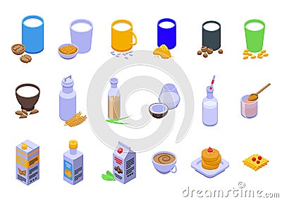 Vegetable milk icons set isometric vector. Almond soy Stock Photo