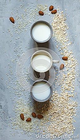 Vegetable oatmeal and rice milk in different cups on a grey stone background, on top Stock Photo