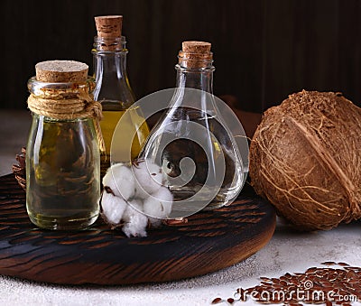 vegetable oil from cotton, flax and coconut Stock Photo