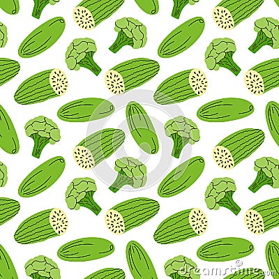 Vegetable pattern with composition broccoli, cucumber element. Perfect for food background, wallpaper, textile. Vector Vector Illustration