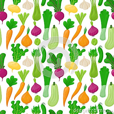 Vegetable pattern. Seamless print of cartoon zucchini onion celery carrot garlic cucumber. Vector texture of vegan food Vector Illustration