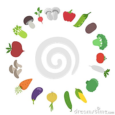 Vegetable round frame. Garden harvest. Circle background. Vector flat illustration. Growing agriculture. Copy space. Vector Illustration