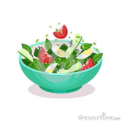 Vegetable salad with egg, tomato, cucmber and spinach healthy eating concept vector Illustration Vector Illustration