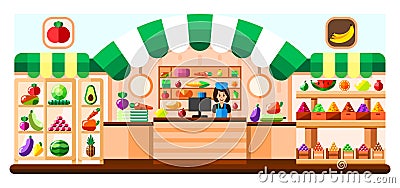 Vegetable shop indoor with seller, showcase and refrigerator. Supermarket interior with goodies. Fruits and vegetables Vector Illustration