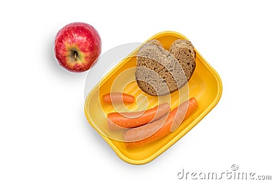 Vegetable and snack bread in a bread box on a white background with apple next to it Stock Photo