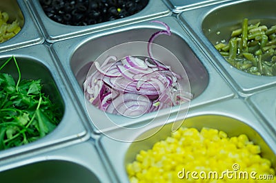 Vegetable snacks in the shop window. Stock Photo