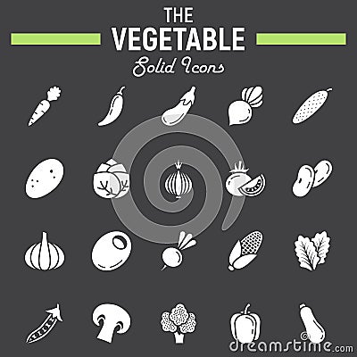 Vegetable solid icon set, food symbols collection Vector Illustration