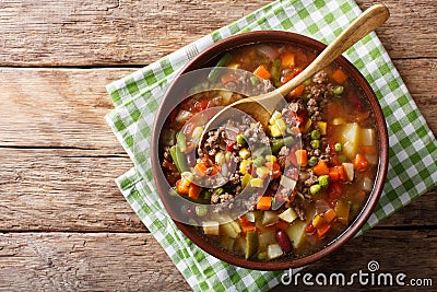 Vegetable soup with ground beef close-up in a bowl. horizontal t Stock Photo