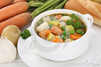 Vegetable soup meal with vegetables, potatoes, carrots Stock Photo