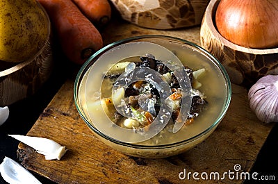 Vegetable soup mushrooms glass bowl mushrooms Stock Photo