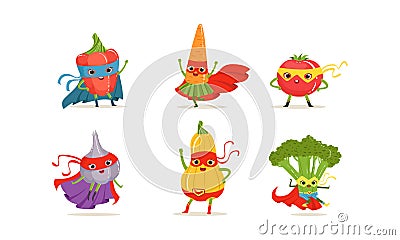 Vegetable Superheros Rushing to the Rescue Vector Set Vector Illustration