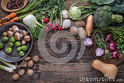 Vegetable. Top view assortment fresh vegetable on old oak table Stock Photo