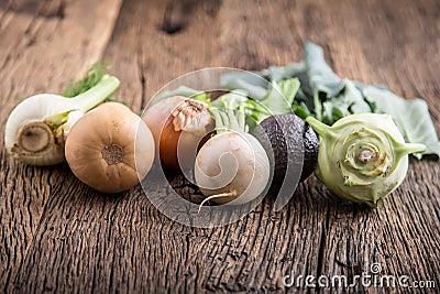 Vegetable. Top view assortment fresh vegetable on old oak table Stock Photo