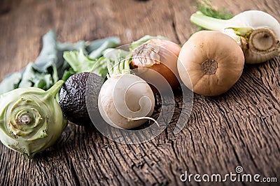 Vegetable. Top view assortment fresh vegetable on old oak table Stock Photo