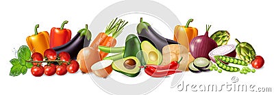 Vegetables banner Vector realistic. Avocado, eggplant, carrots and tomatoes detailed 3d illustrations Vector Illustration