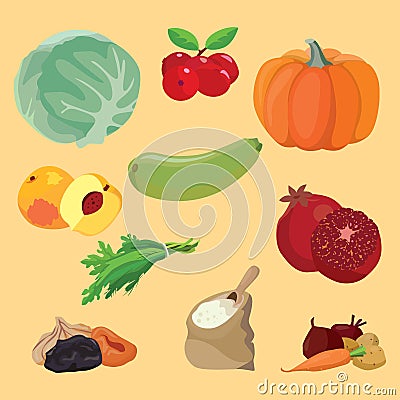 Vegetables, berries, fruits, dried fruits, greens, cereals Vector Illustration