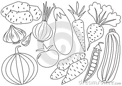 Vegetables cartoon set, icons. Coloring book. Vector Illustration