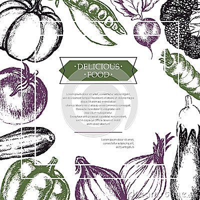 Vegetables - color hand drawn composite flyer. Vector Illustration