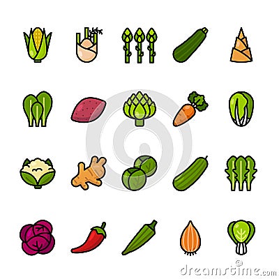 Color line icon set of Vegetables. Pixel perfect icons. Stock Photo