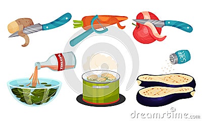 Vegetables Cooking with Potato Peeling and Eggplant Salting Process Vector Set Vector Illustration