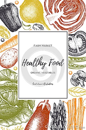 Eco food design with hand drawn vegetables sketch. Organic products frame. Vector template with vintage harvest illustration. Heal Cartoon Illustration