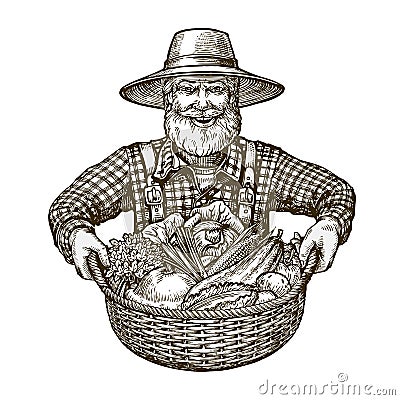 Vegetables. Farmer with basket in hands. Sketch vector Vector Illustration