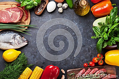Vegetables, fish and meat cooking Stock Photo