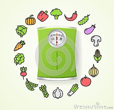 Vegetables Fresh Food and Floor Scales Health Life Concept. Vector Vector Illustration