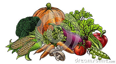 Vegetables Fruit Produce Food Illustration Woodcut Vector Illustration