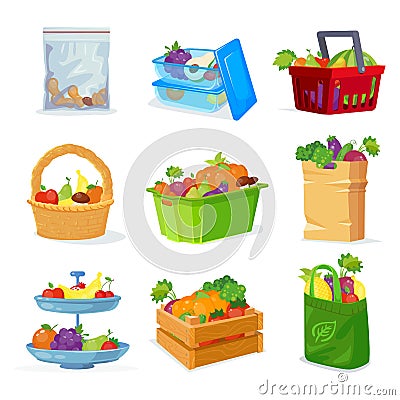 Vegetables and fruits different storage in the house and in the store. Fruit basket. Fruit plate. Fruitful set. Vector Illustration