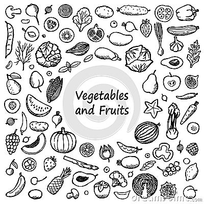 Vegetables and Fruits Doodle Frame Vector Illustration