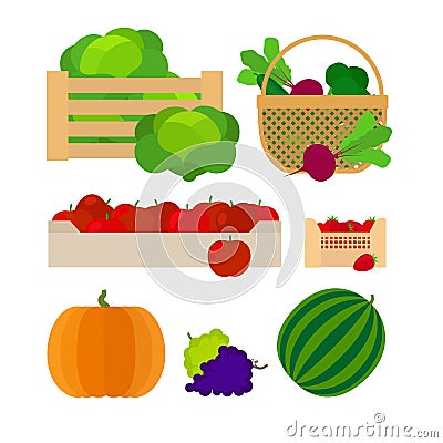 Vegetables and fruits farm baskets Vector Illustration