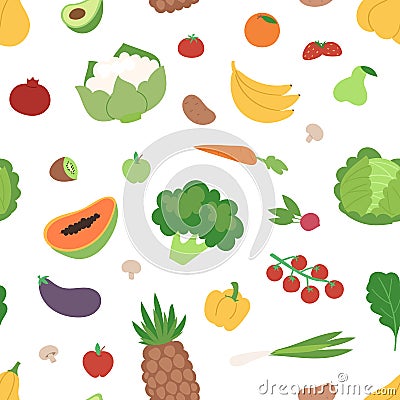 Vegetables and fruits flat seamless pattern healthy vegetarian food vegan fresh organic vector illustration Vector Illustration