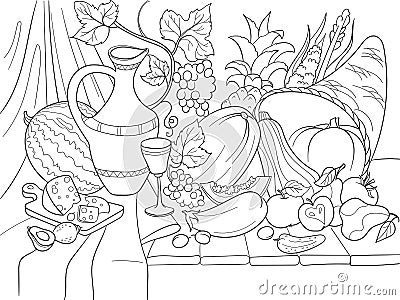 Vegetables and fruits harvest style vector illustration. Thanksgiving Day still life. Old engraving imitation. Vector Illustration