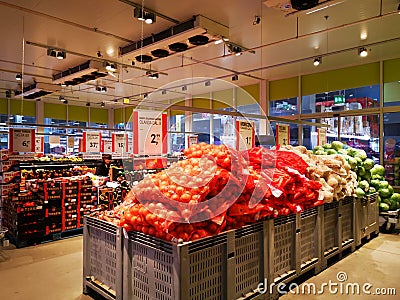 Vegetables and fruits products at the Selgros hypermarket Editorial Stock Photo